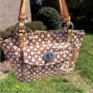 COACH Vintage Leah Brown& Cream Signature Turnlock Coated Canvas Satchel 9.5x6